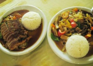 steve food Duck on the left. Black bean stir-fry with "various types of meat" on the right.